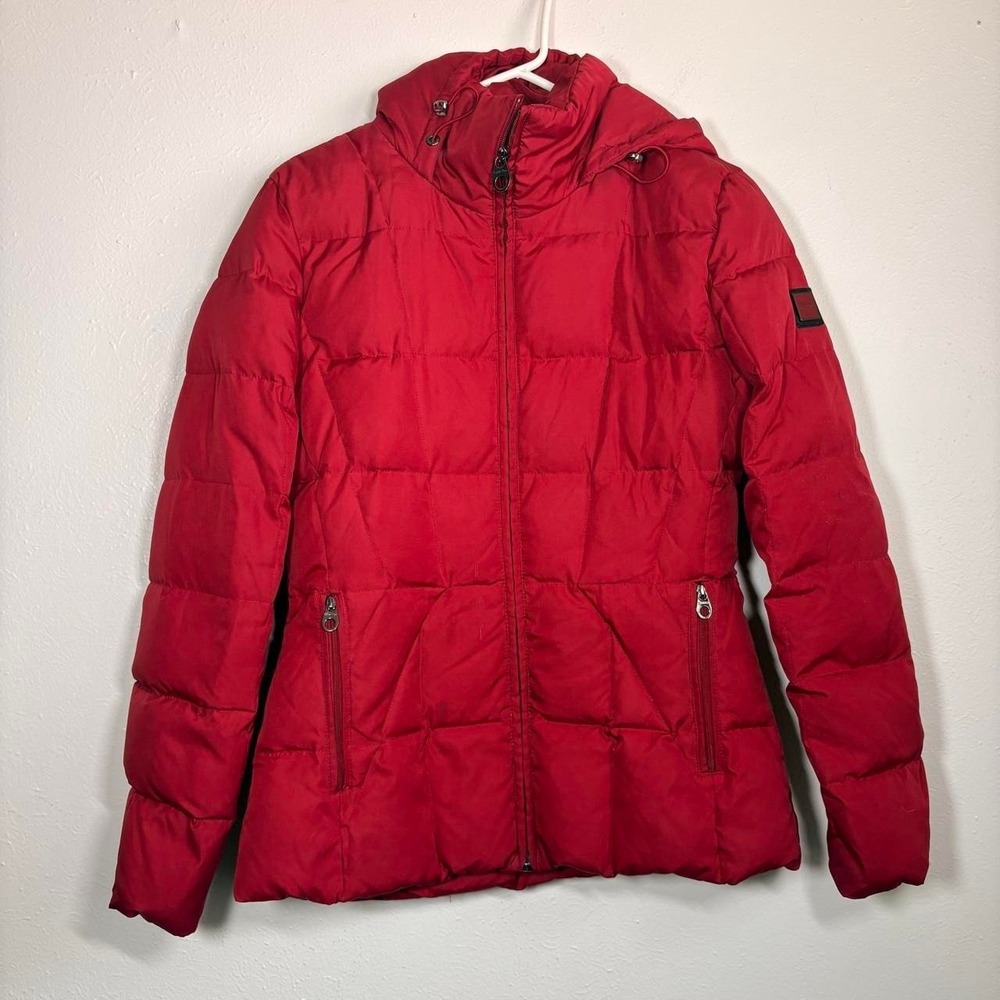 Calvin Klein Red Duck/Waterfowl Zip Up Winter Jacket Womens Size SM Hooded